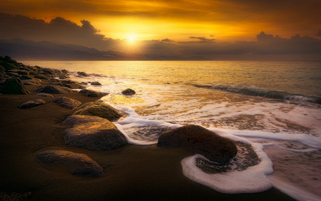 Sunset ocean waves rocks mountains #2 free wallpaper - medium preview image