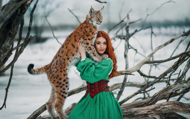 Woman green dress cat snow free wallpaper - medium preview image