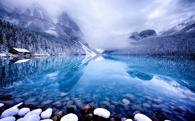 Lake snow mountains trees clouds free wallpaper - medium preview image