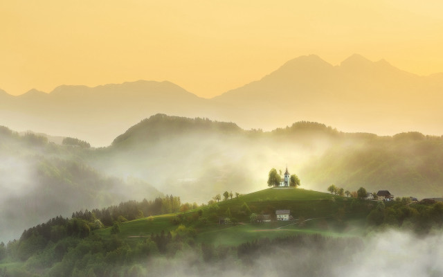Small house hill fog trees free wallpaper - medium preview image