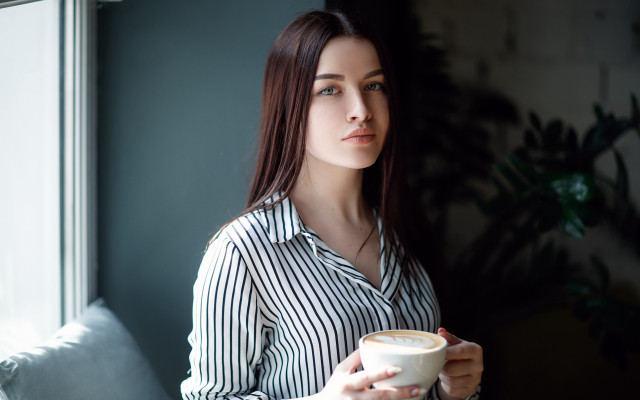 Woman coffee holding window portrait free wallpaper - medium preview image