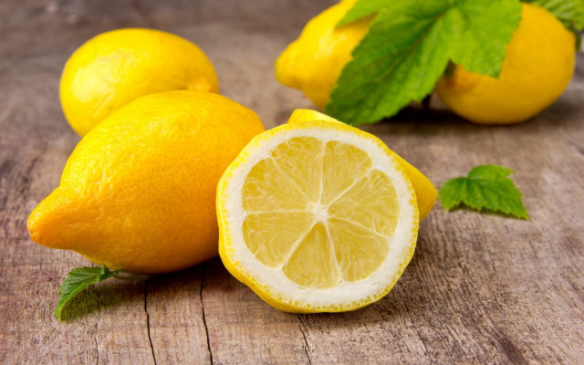 Lemon leaves wooden table gray free wallpaper - medium preview image