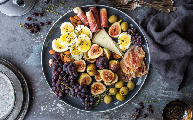 Eggs cheese fruit crackers fork free wallpaper - medium preview image