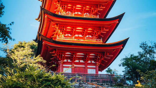 Tall red pagoda autumn bridge free wallpaper - medium preview image