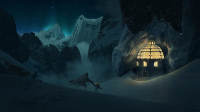 Man walking snow mountain building free wallpaper - medium preview image