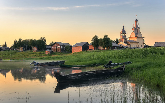 Boats church field forest sunset free wallpaper - medium preview image