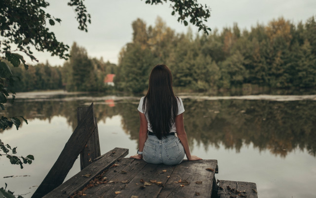 Woman dock lake trees sunset #3 free wallpaper - medium preview image