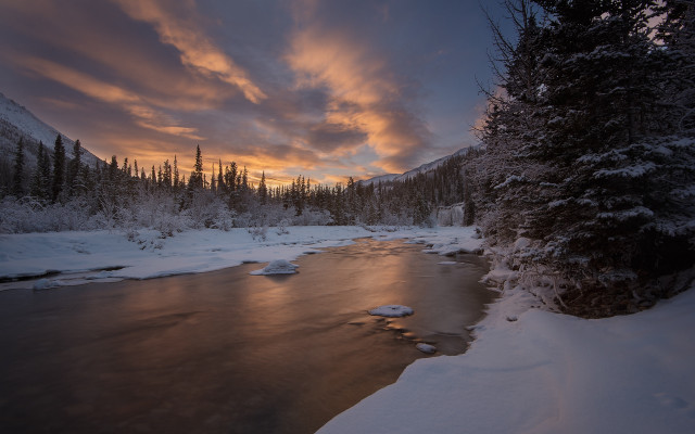Snowy river forest cloudy sky free wallpaper - medium preview image