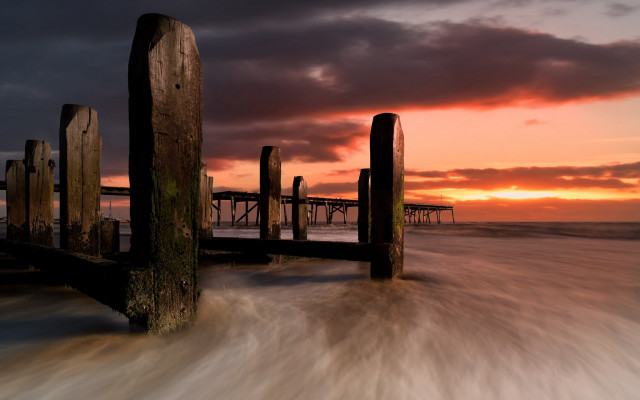Pier sunset water mountain city free wallpaper - medium preview image