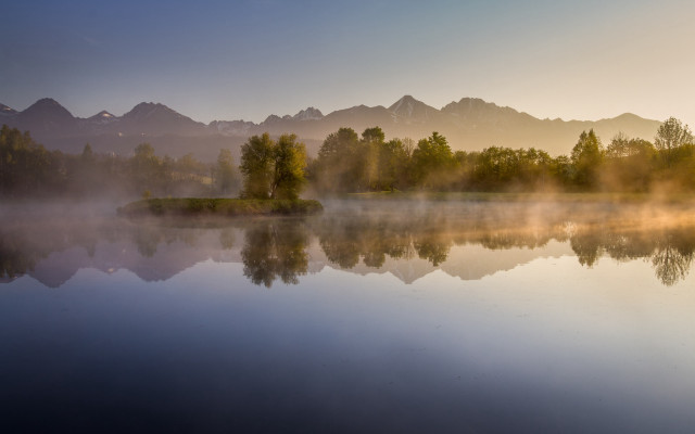 Lake mountains mist reflections forest free wallpaper - medium preview image