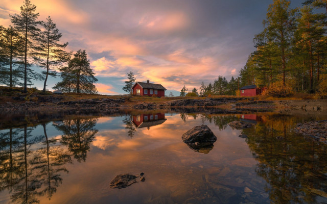 Lake reflection sunset redcabin ducks free wallpaper - medium preview image