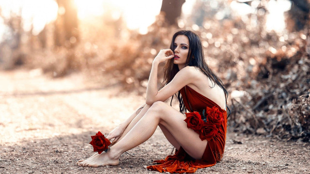 Woman red dress flowers sitting free wallpaper - medium preview image