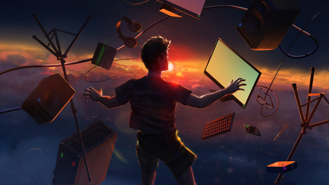 Cyberpunk man sunset electronic devices free wallpaper - medium preview image