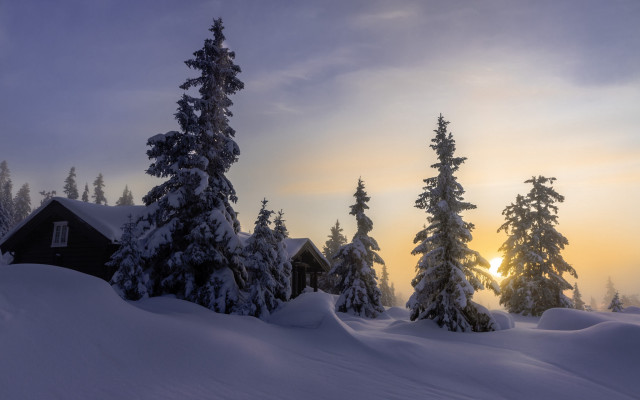 Snowy landscape cabin dusk mountains free wallpaper - medium preview image