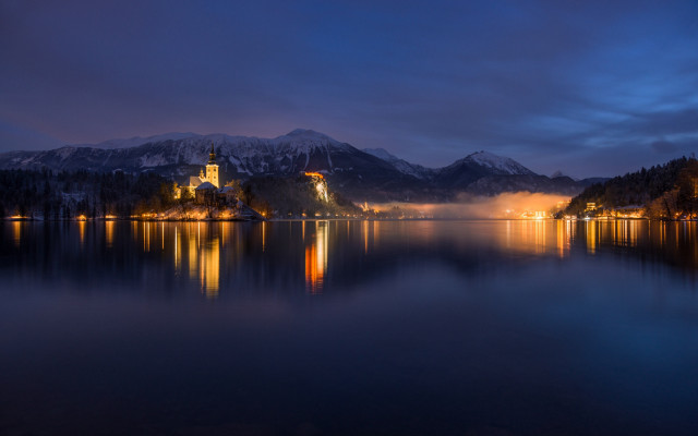 Castle lake mountains night fog free wallpaper - medium preview image