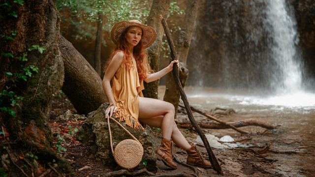 Woman hat sitting waterfall arts free wallpaper - medium preview image