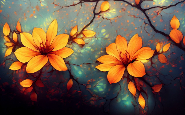 Yellow flowers blue background tree free wallpaper - medium preview image