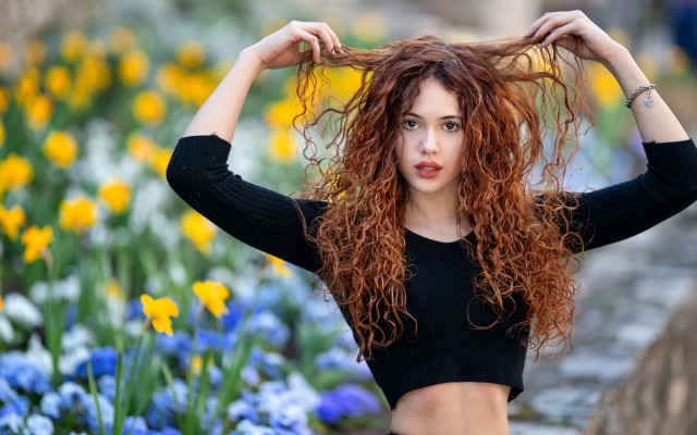 Red hair flower field artnouveau free wallpaper - medium preview image