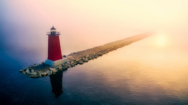 Lighthouse pier fog night sky free wallpaper - medium preview image