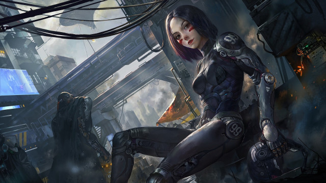 Futuristic woman cyberpunk robot city free wallpaper - medium preview image