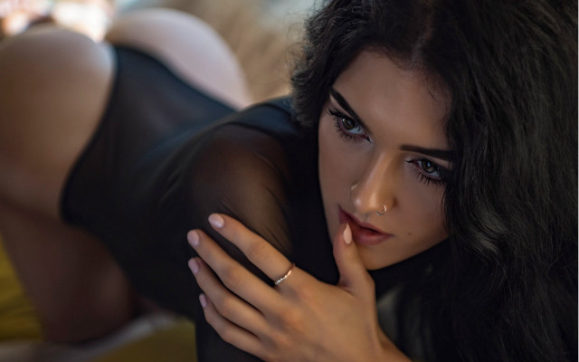Woman black dress bed piercing free wallpaper - medium preview image