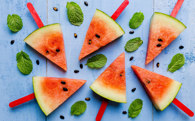 Watermelon slices mint leaves blue free wallpaper - medium preview image
