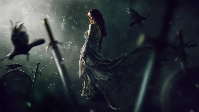 Woman dress rain sword bird free wallpaper - medium preview image