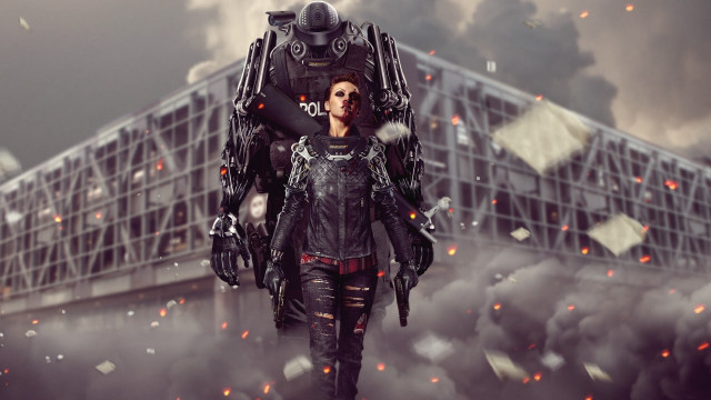 Futuristic woman robot city smoke free wallpaper - medium preview image