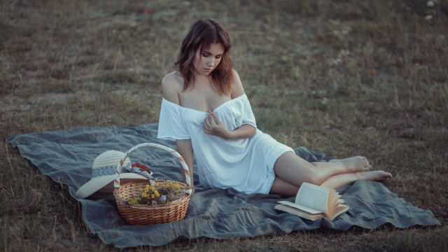 Woman reading picnic basket bare free wallpaper - medium preview image