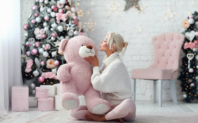 Woman sitting pink teddy christmas free wallpaper - medium preview image