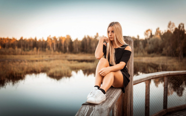 Woman dock lake trees sunset free wallpaper - medium preview image