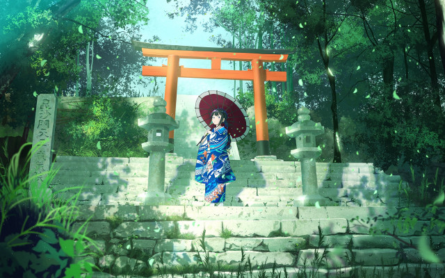 Woman kimono umbrella torii fireflies free wallpaper - medium preview image