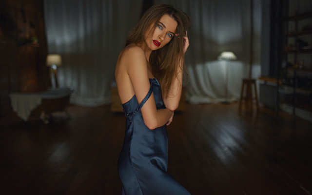 Woman blue dress portrait indoor free wallpaper - medium preview image
