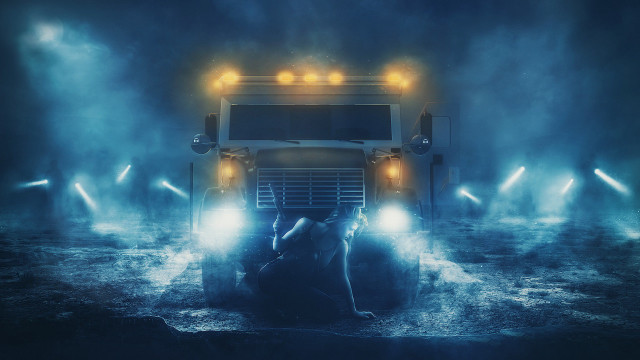 Woman truck fog night cinematic free wallpaper - medium preview image
