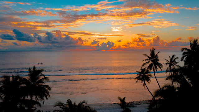 Sunset ocean palm trees boat free wallpaper - medium preview image
