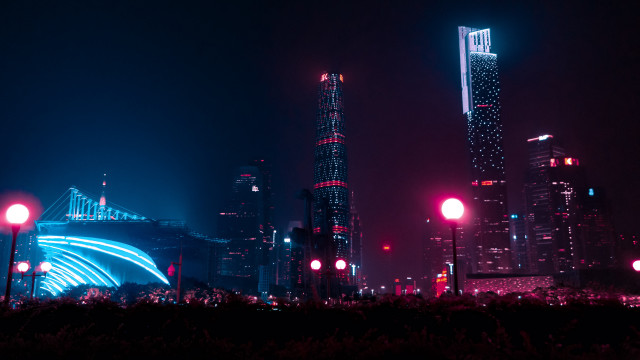 Cyberpunk city skyline night bridge free wallpaper - medium preview image
