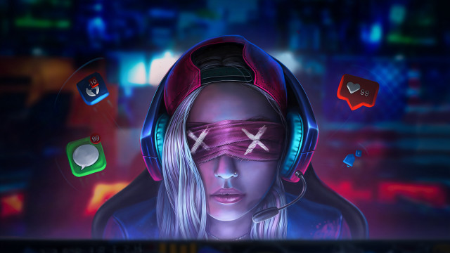 Futuristic woman headphones blindfold cyberpunk free wallpaper - medium preview image