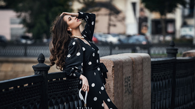 Woman leaning fence fashion artdeco free wallpaper - medium preview image
