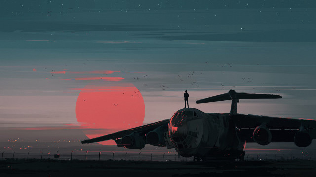 Person jet sunset cyberpunk aurora free wallpaper - medium preview image