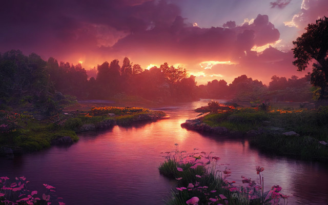 Sunset river flowers forest mountain free wallpaper - medium preview image