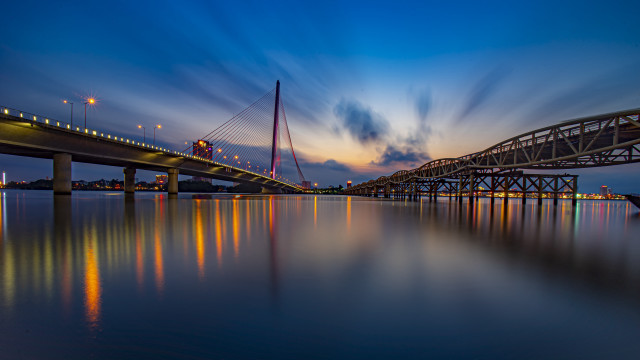 Bridge night lights reflection clouds free wallpaper - medium preview image
