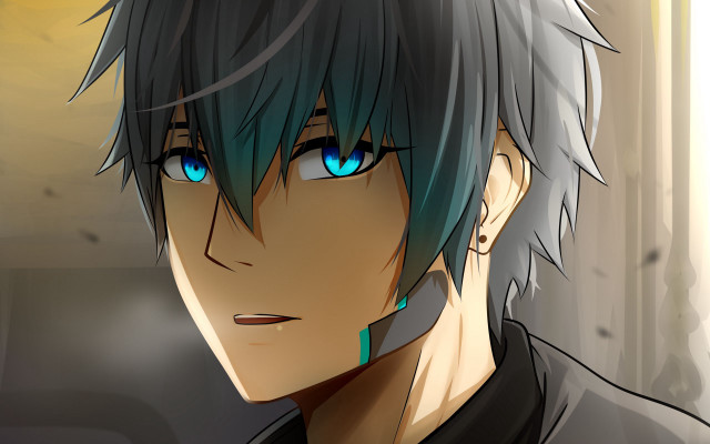 Cybernetic anime man blue eyes free wallpaper - medium preview image