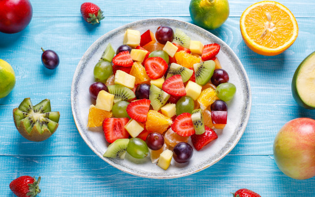 Bowl fruit surrounded blue tablecloth free wallpaper - medium preview image
