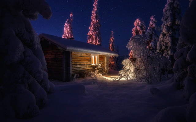 Cabin woods night snow moon free wallpaper - medium preview image