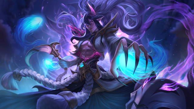 Woman sword blue dress glowing free wallpaper - medium preview image