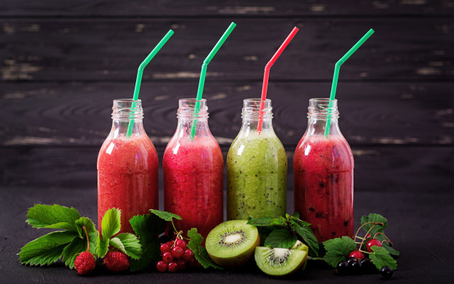 Smoothie bottles fruit table wooden free wallpaper - medium preview image