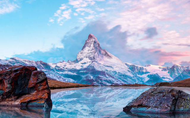 Mountain reflection lake rocks pink free wallpaper - medium preview image