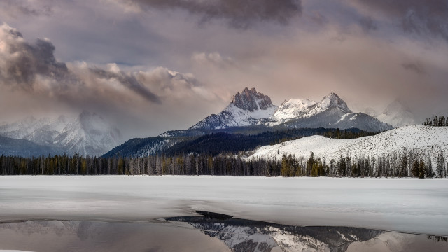 Mountain lake forest snow evening free wallpaper - medium preview image