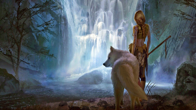 Woman dog waterfall fantasy anne free wallpaper - medium preview image