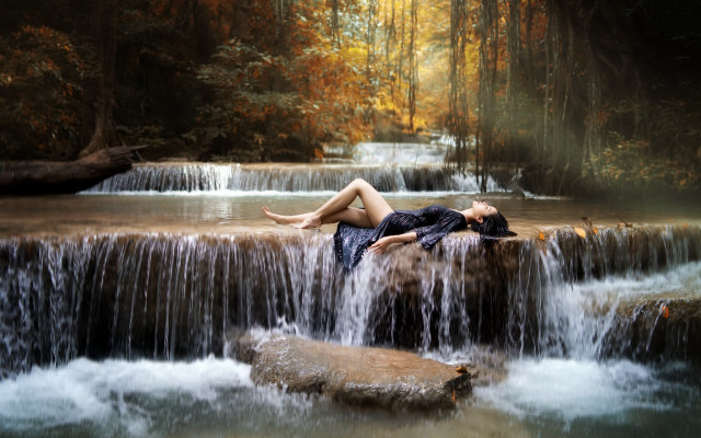 Woman waterfall rock outdoors longhair free wallpaper - medium preview image